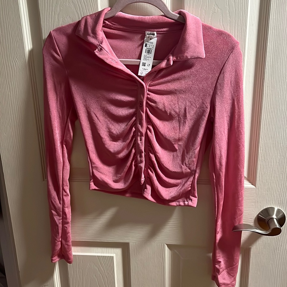 Garage Pink XS Daphne Ruching Front Collared Long sleeve Blouse